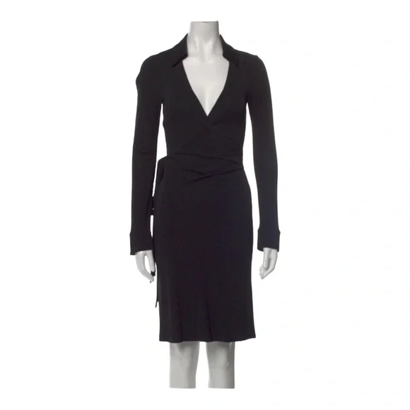 Diane Von Furstenburg New Jeanne Two Black Crepe Wrap Tie Plunge Dress Sz Xs-Sm - Picture 3 of 15